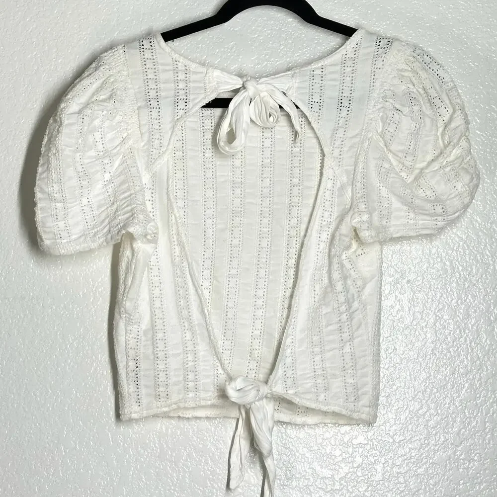 Free People S StarStruck white open back crop top Puff Shoulder eyelet lace bow